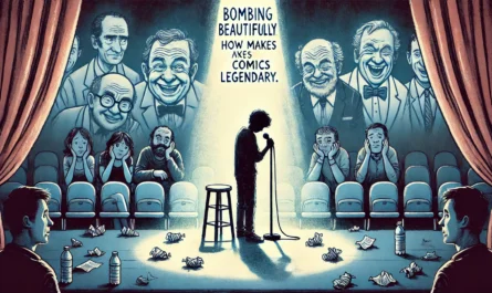 COMEDYWRITER.info - A wide-format, emotionally rich digital illustration for an article titled 'Bombing Beautifully How Failure Makes Comics Legendary'. The scene shows - Alan Nafzger 1