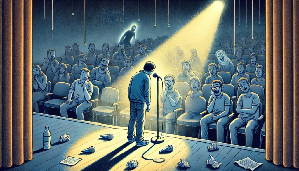 COMEDYWRITER.info - A wide-format, emotionally rich digital illustration for an article titled 'Bombing Beautifully How Failure Makes Comics Legendary'. The scene shows - Alan Nafzger 2