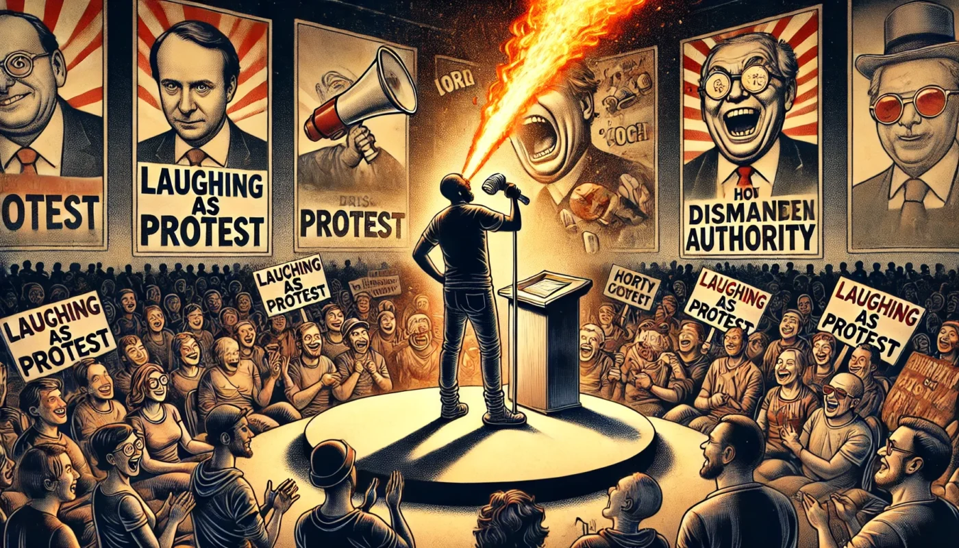 COMEDYWRITER.info - A wide-format, powerful digital illustration for an article titled 'Laughing as Protest How Jokes Dismantle Authority'. The scene shows a stand-up co- Alan Nafzger 1