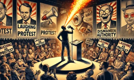 COMEDYWRITER.info - A wide-format, powerful digital illustration for an article titled 'Laughing as Protest How Jokes Dismantle Authority'. The scene shows a stand-up co- Alan Nafzger 1