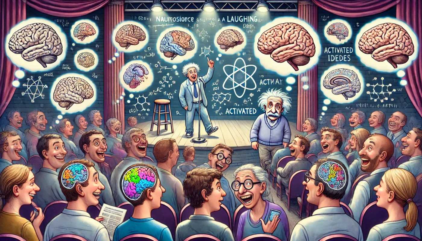 COMEDYWRITER.info - A wide-format, whimsical and intellectual digital illustration for an article titled 'Einstein Walks Into a Bar The Neuroscience of Laughing at Compl- Alan Nafzger 2