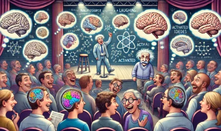 COMEDYWRITER.info - A wide-format, whimsical and intellectual digital illustration for an article titled 'Einstein Walks Into a Bar The Neuroscience of Laughing at Compl- Alan Nafzger 2