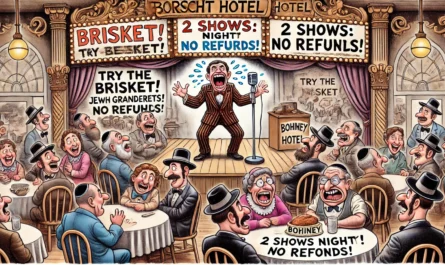 COMEDYWRITER.info - Wide-aspect cartoon in the style of Toni Bohiney. A 1950s Borscht Belt hotel ballroom. Onstage, a comic is sweating bullets as he performs for a crowd of... - spintaxi.com 8