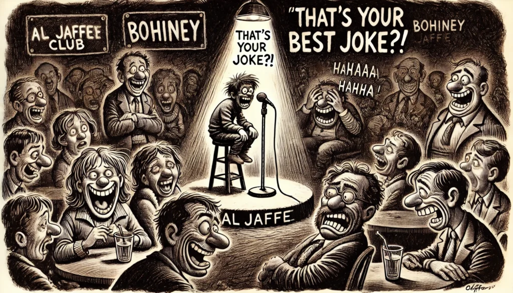 COMEDYWRITER.info - Wide-aspect cartoon in the style of Toni Bohiney. A grimy 1970s comedy club. Onstage, a nervous young comic tells jokes under a single flickering light. ... - spintaxi.com 12 COMEDYWRITER.info - Wide-aspect cartoon in the style of Toni Bohiney. A grimy 1970s comedy club. Onstage, a nervous young comic tells jokes under a single flickering light. ... - spintaxi.com 12