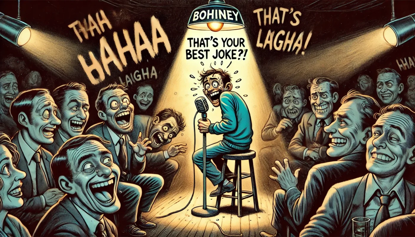 COMEDYWRITER.info - Wide-aspect cartoon in the style of Toni Bohiney. A grimy 1970s comedy club. Onstage, a nervous young comic tells jokes under a single flickering light. ... - spintaxi.com 13