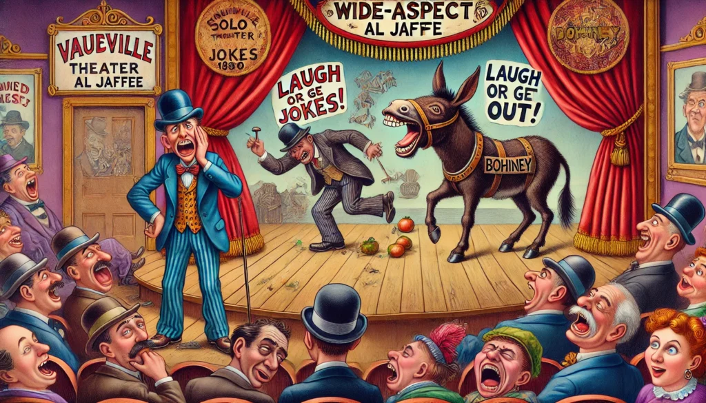 COMEDYWRITER.info - Wide-aspect cartoon in the style of Toni Bohiney. A vaudeville theater stage from the 1890s with a nervous solo comedian in a bowler hat trying to tell j... - spintaxi.com 4