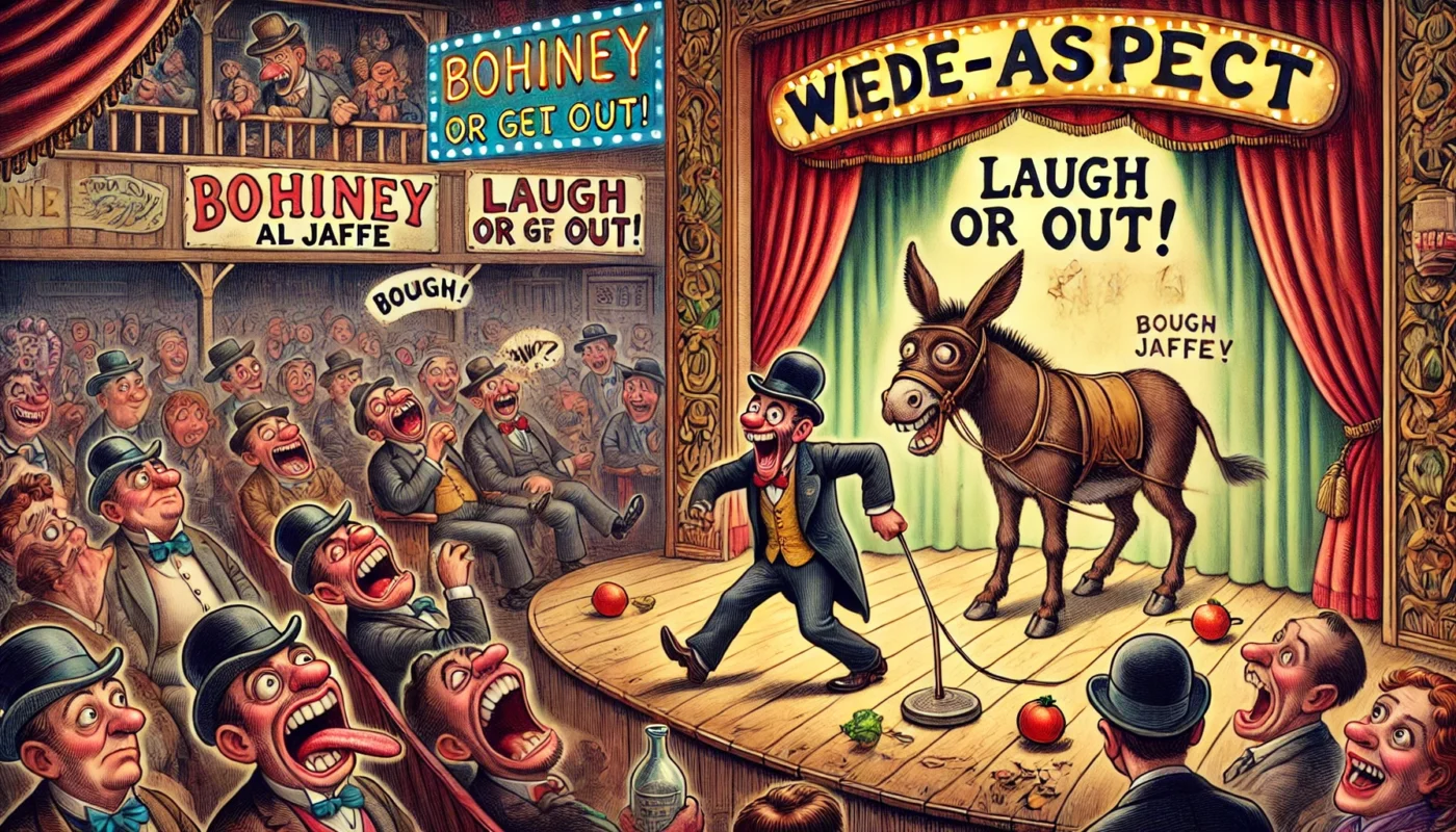 COMEDYWRITER.info - Wide-aspect cartoon in the style of Toni Bohiney. A vaudeville theater stage from the 1890s with a nervous solo comedian in a bowler hat trying to tell j... - spintaxi.com 5