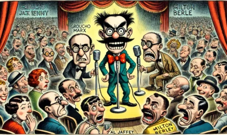 COMEDYWRITER.info - Wide-aspect cartoon in the style of Toni Bohiney. An old-timey vaudeville theater stage where Groucho Marx, Jack Benny, and Milton Berle are comically sq... - spintaxi.com 7
