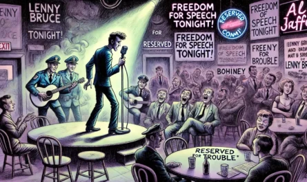 COMEDYWRITER.info - Wide-aspect cartoon in the style of Toni Bohiney. Lenny Bruce performing in a smoky 1960s nightclub. He stands alone with a microphone. In the background... - spintaxi.com 10
