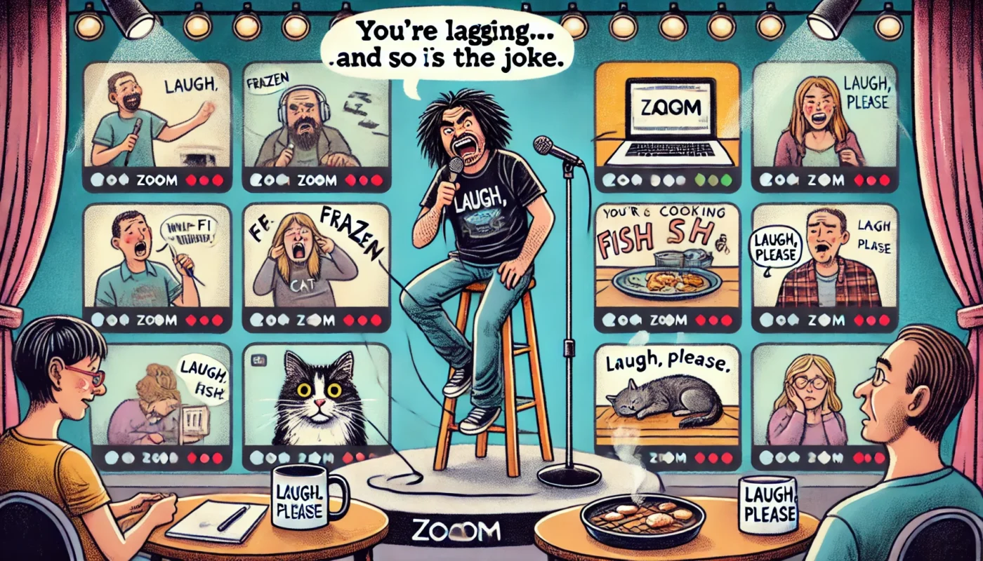 Comedy Writer - A Zoom stand-up comedy show gone hilariously wrong. A comic performs energetically from their room, but the Zoom audience tiles are a disaster one sq... - Alan Nafzger 1