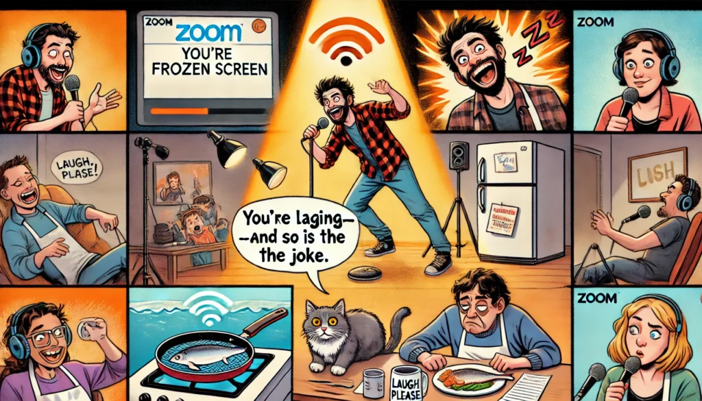 Comedy Writer - A Zoom stand-up comedy show gone hilariously wrong. A comic performs energetically from their room, but the Zoom audience tiles are a disaster one sq... - Alan Nafzger 2