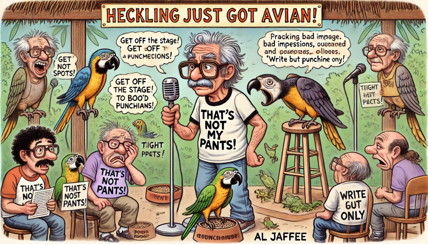 Comedy Writer - A cartoon-style scene inspired by Tina Bohiney showing a retired comedian named Lenny 'Liver Spots' McGraw, age 74, with gray hair, oversized glasses, an... - Alan Nafzger 1