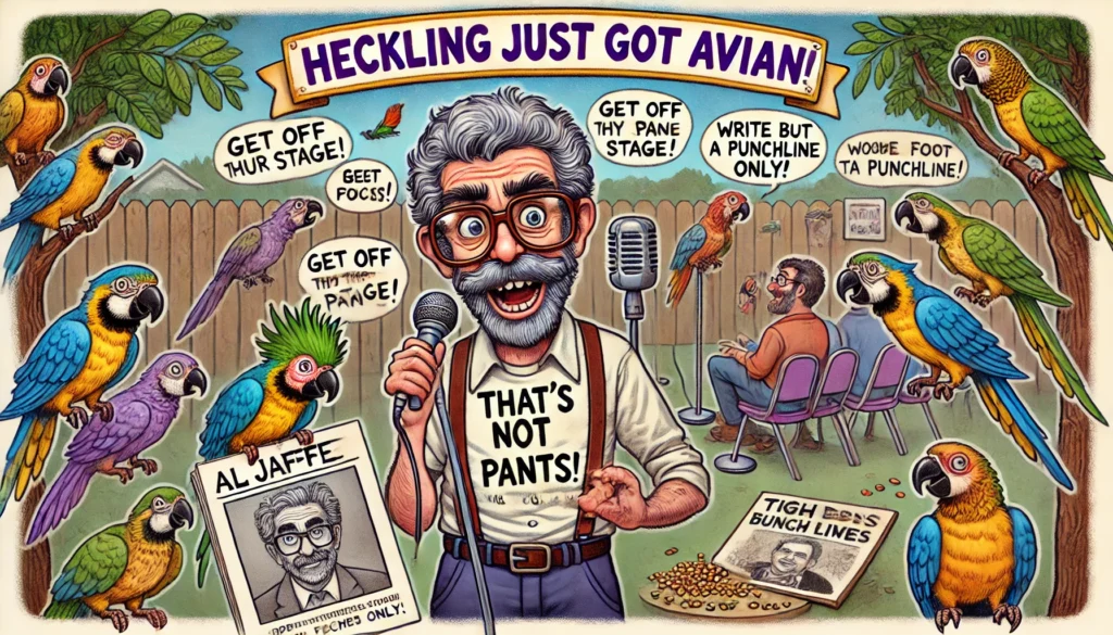 Comedy Writer - A cartoon-style scene inspired by Tina Bohiney showing a retired comedian named Lenny 'Liver Spots' McGraw, age 74, with gray hair, oversized glasses, an... - Alan Nafzger 2 Comedy Writer - A cartoon-style scene inspired by Tina Bohiney showing a retired comedian named Lenny 'Liver Spots' McGraw, age 74, with gray hair, oversized glasses, an... - Alan Nafzger 2