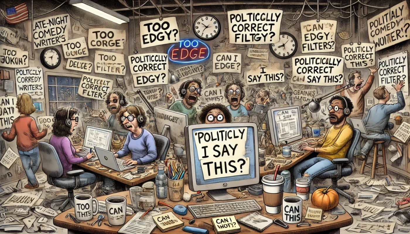 Comedy Writer - A chaotic late-night comedy writer's room filled with a diverse, sleep-deprived team surrounded by coffee cups, scribbled whiteboards, laptops, and 'P... - Alan Nafzger 1