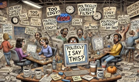 Comedy Writer - A chaotic late-night comedy writer's room filled with a diverse, sleep-deprived team surrounded by coffee cups, scribbled whiteboards, laptops, and 'P... - Alan Nafzger 1