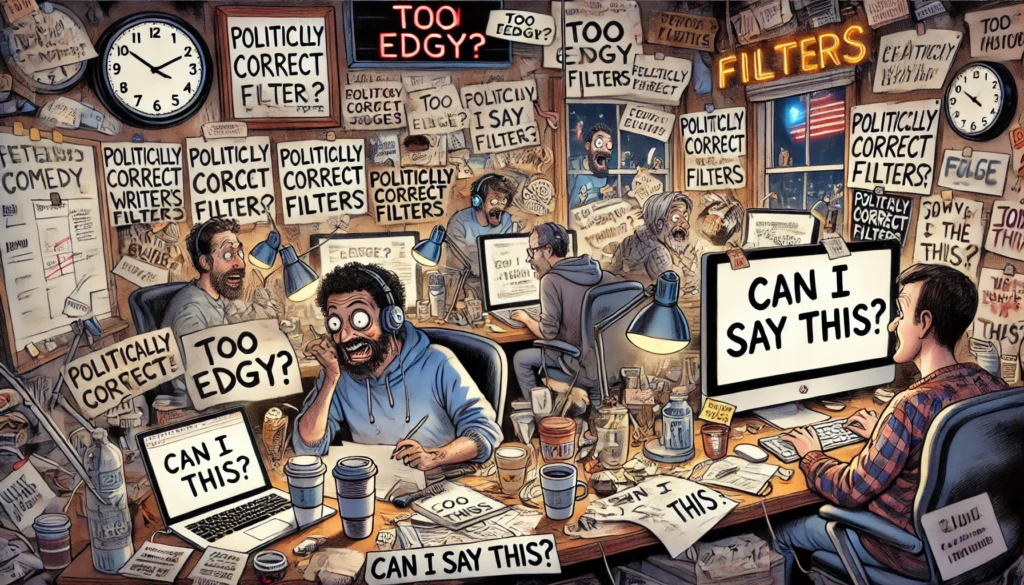 Comedy Writer - A chaotic late-night comedy writer's room filled with a diverse, sleep-deprived team surrounded by coffee cups, scribbled whiteboards, laptops, and 'P... - Alan Nafzger 2 Comedy Writer - A chaotic late-night comedy writer's room filled with a diverse, sleep-deprived team surrounded by coffee cups, scribbled whiteboards, laptops, and 'P... - Alan Nafzger 2