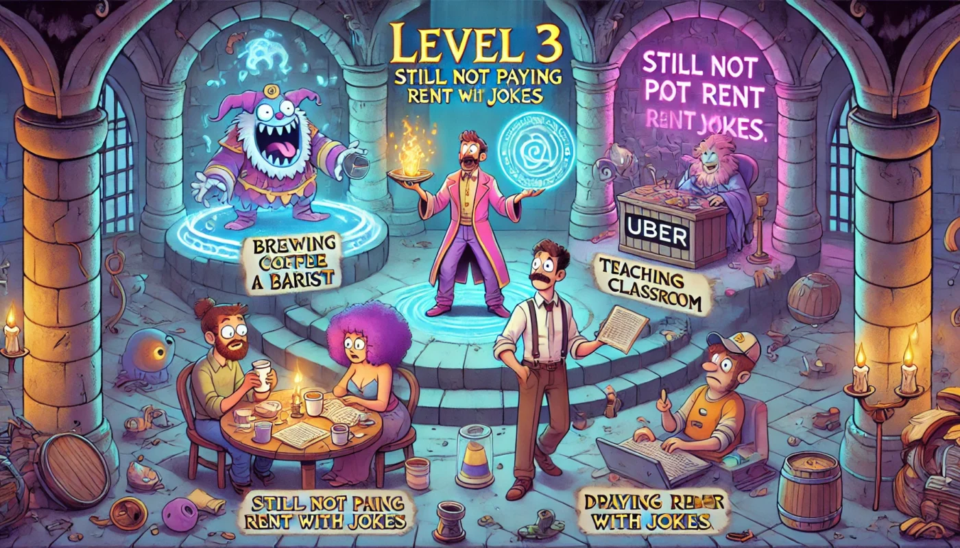 Comedy Writer - A fantasy RPG-style dungeon where a struggling comedy writer juggles multiple day jobs brewing coffee as a barista, teaching in a chaotic classroom, ... - Alan Nafzger 1