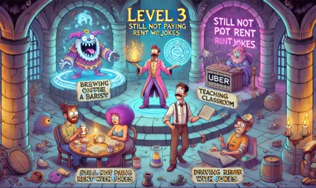 Comedy Writer - A fantasy RPG-style dungeon where a struggling comedy writer juggles multiple day jobs brewing coffee as a barista, teaching in a chaotic classroom, ... - Alan Nafzger 1