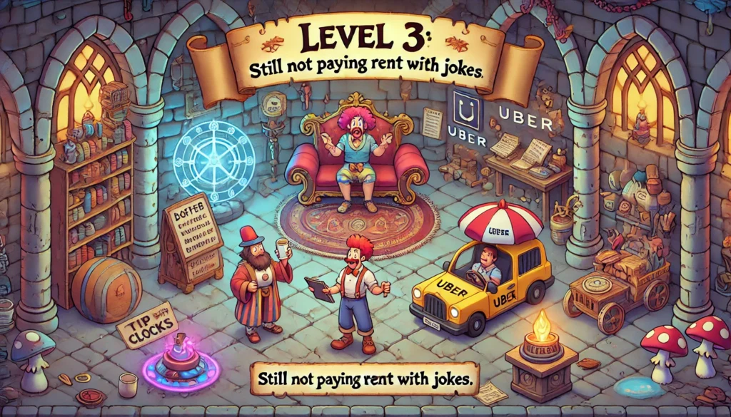 Comedy Writer - A fantasy RPG-style dungeon where a struggling comedy writer juggles multiple day jobs brewing coffee as a barista, teaching in a chaotic classroom, ... - Alan Nafzger 2