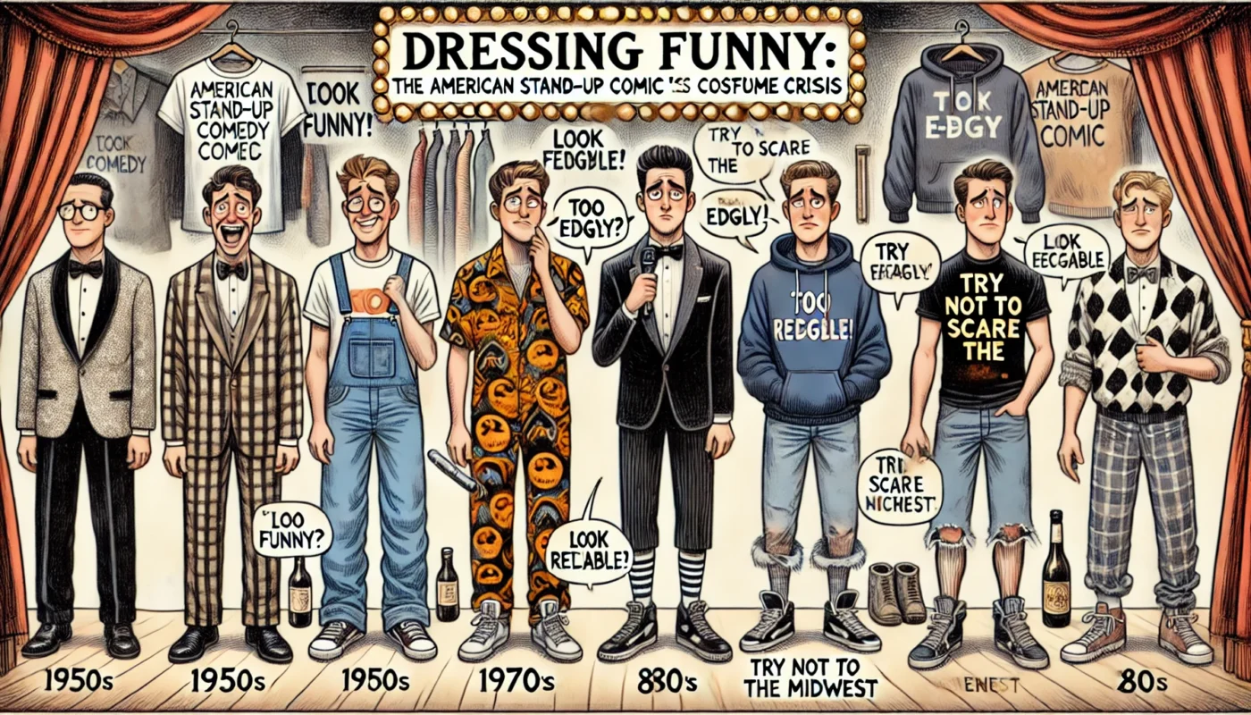 Comedy Writer - A humorous illustrated cartoon scene in the style of Tina Bohiney showing the evolution of American stand-up comedy fashion. A stage divided into eras o... - Alan Nafzger 1