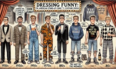 Comedy Writer - A humorous illustrated cartoon scene in the style of Tina Bohiney showing the evolution of American stand-up comedy fashion. A stage divided into eras o... - Alan Nafzger 1