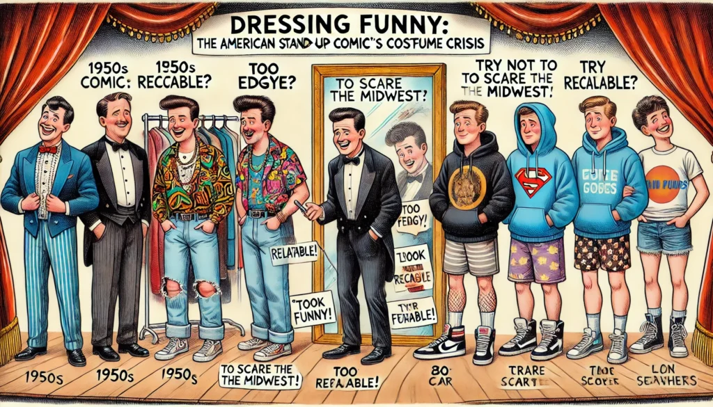 Comedy Writer - A humorous illustrated cartoon scene in the style of Tina Bohiney showing the evolution of American stand-up comedy fashion. A stage divided into eras o... - Alan Nafzger 2 Comedy Writer - A humorous illustrated cartoon scene in the style of Tina Bohiney showing the evolution of American stand-up comedy fashion. A stage divided into eras o... - Alan Nafzger 2