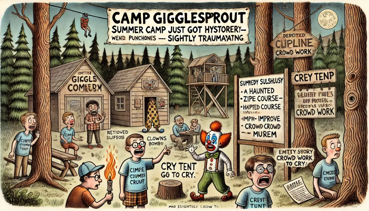 Comedy Writer - A satirical cartoon scene in the style of Tina Bohiney showing 'Camp GiggleSprout,' a bizarre summer comedy camp for teenagers. Set in a remote pine fore... - Alan Nafzger 1