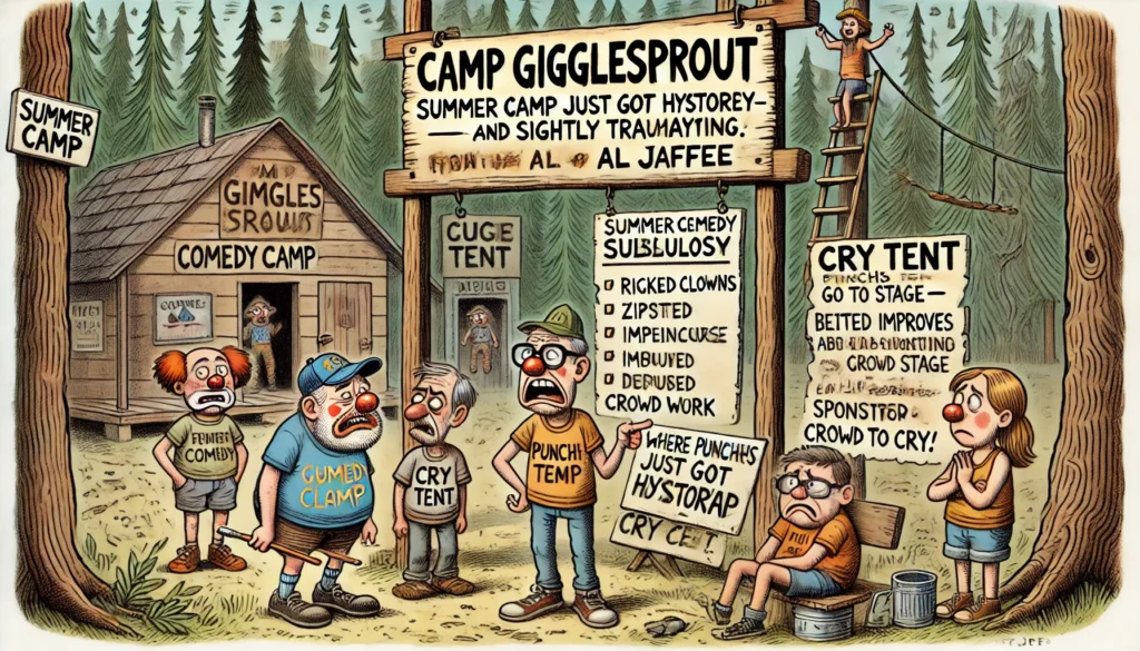 Comedy Writer - A satirical cartoon scene in the style of Tina Bohiney showing 'Camp GiggleSprout,' a bizarre summer comedy camp for teenagers. Set in a remote pine fore... - Alan Nafzger 2 Comedy Writer - A satirical cartoon scene in the style of Tina Bohiney showing 'Camp GiggleSprout,' a bizarre summer comedy camp for teenagers. Set in a remote pine fore... - Alan Nafzger 2