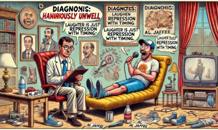 Comedy Writer - A satirical cartoon-style scene inspired by Tina Bohiney. A therapist in a cluttered, exaggerated office reviews a standup comedian's performance like a ... - Alan Nafzger 2