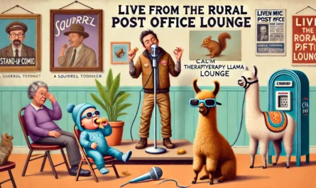 Comedy Writer - A stand-up comic performs for an absurdly tiny audience a squirrel nibbling a peanut, a confused toddler holding a toy mic, a calm therapy llama wear... - Alan Nafzger 3
