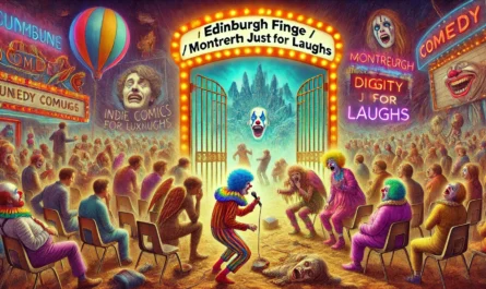 Comedy Writer - A surreal and bizarre comedy landscape entered through a glowing gate labeled 'Edinburgh Fringe Montreal Just for Laughs.' Inside, the world is a ch... - Alan Nafzger 3