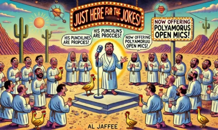 Comedy Writer - A surreal cartoon scene inspired by Tina Bohiney, showing a parody comedy cult. A stand-up comedian accidentally leads a group of enthusiastic followers ... - Alan Nafzger 1