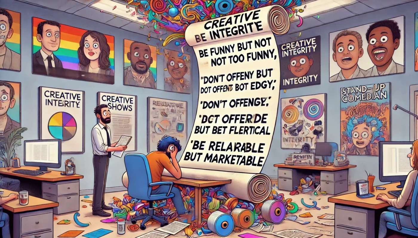Comedy Writer - A surreal comedy office scene where a TV producer hands a stand-up comedian a massive scroll of contradictory notes 'Be funny but not too funny,' 'Do... - Alan Nafzger 1