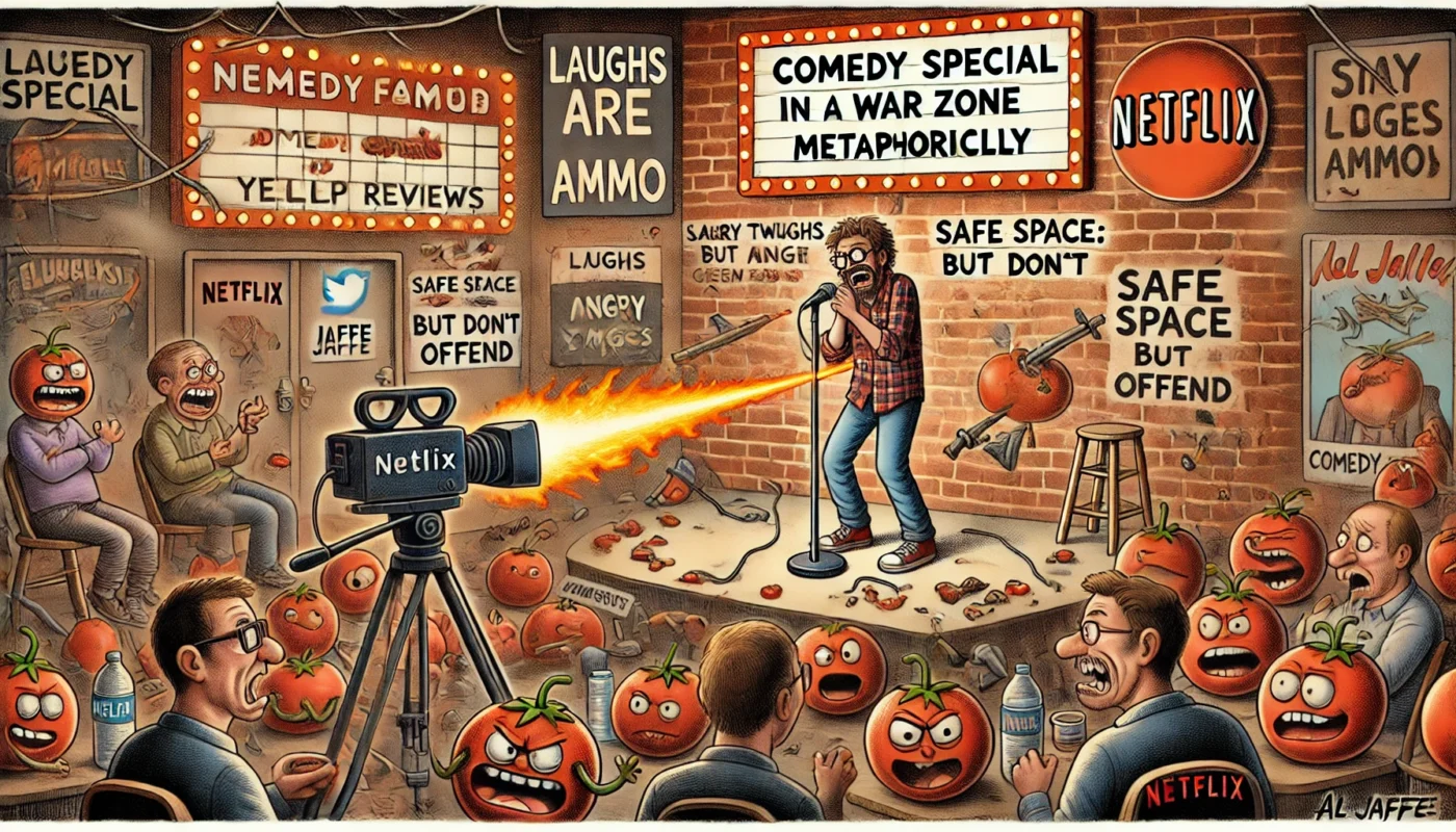 Comedy Writer - A wide-format Tina Bohiney-style cartoon illustration titled 'Comedy Special Filmed in a War Zone (Metaphorically)'. A comedian stands on stage in front ... - Alan Nafzger3
