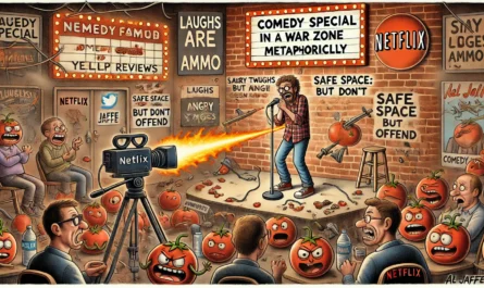 Comedy Writer - A wide-format Tina Bohiney-style cartoon illustration titled 'Comedy Special Filmed in a War Zone (Metaphorically)'. A comedian stands on stage in front ... - Alan Nafzger3