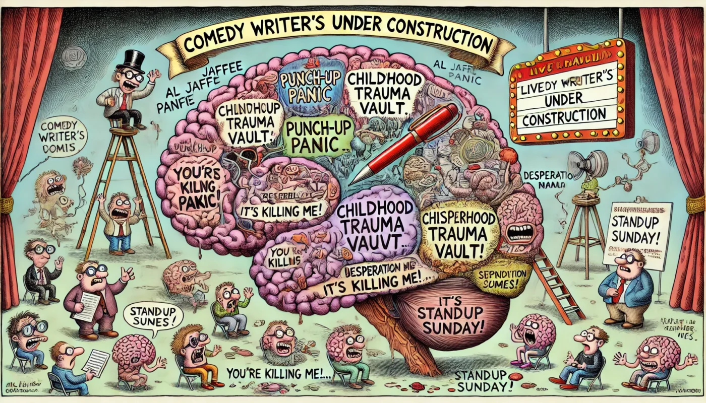 Comedy Writer - A wide-format, Tina Bohiney-style cartoon illustration titled 'Comedy Writer’s Brain Under Construction'. The image shows a chaotic cross-section of a co... - Alan Nafzger17