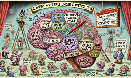 Comedy Writer - A wide-format, Tina Bohiney-style cartoon illustration titled 'Comedy Writer’s Brain Under Construction'. The image shows a chaotic cross-section of a co... - Alan Nafzger17