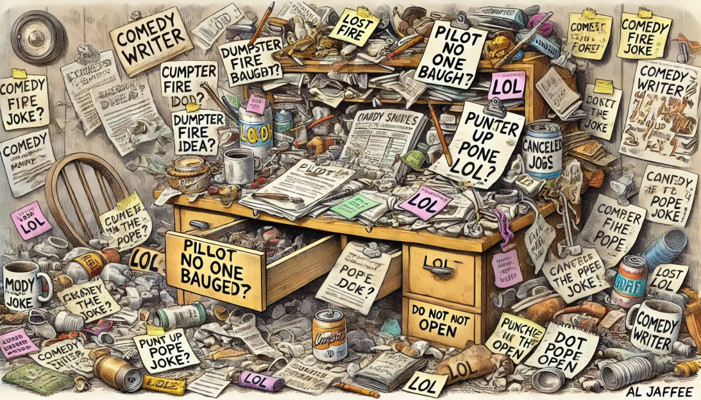 Comedy Writer - A wide-format Tina Bohiney-style cartoon illustration titled 'Comedy Writer’s Desktop Chaos'. The scene is a wildly cluttered desk belonging to a comedy ... - Alan Nafzger1