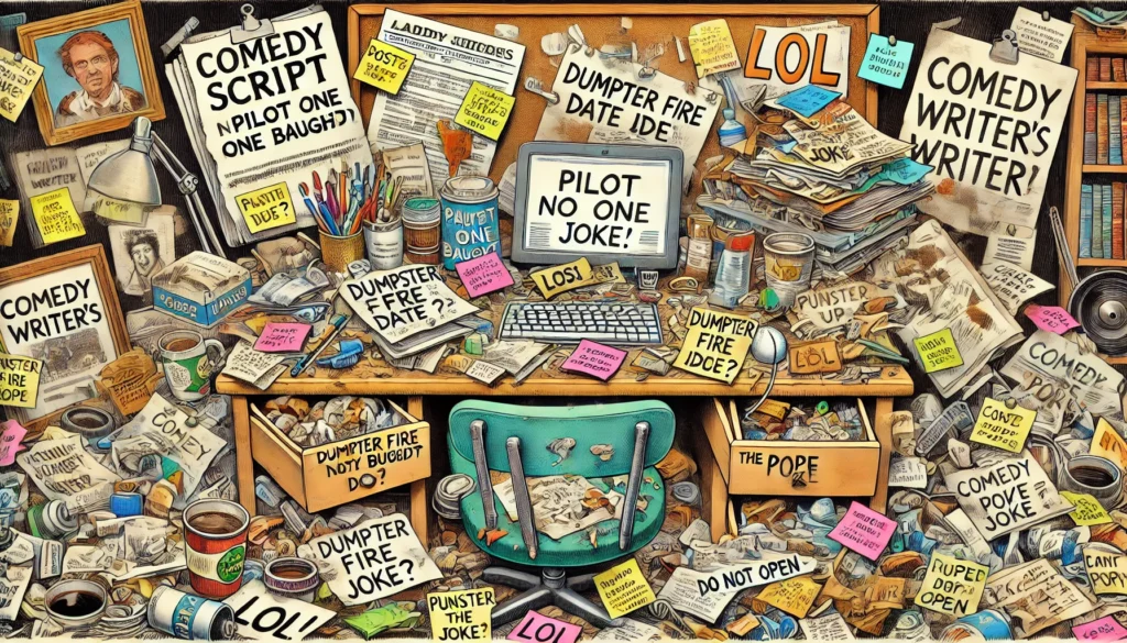 Comedy Writer - A wide-format Tina Bohiney-style cartoon illustration titled 'Comedy Writer’s Desktop Chaos'. The scene is a wildly cluttered desk belonging to a comedy ... - Alan Nafzger2