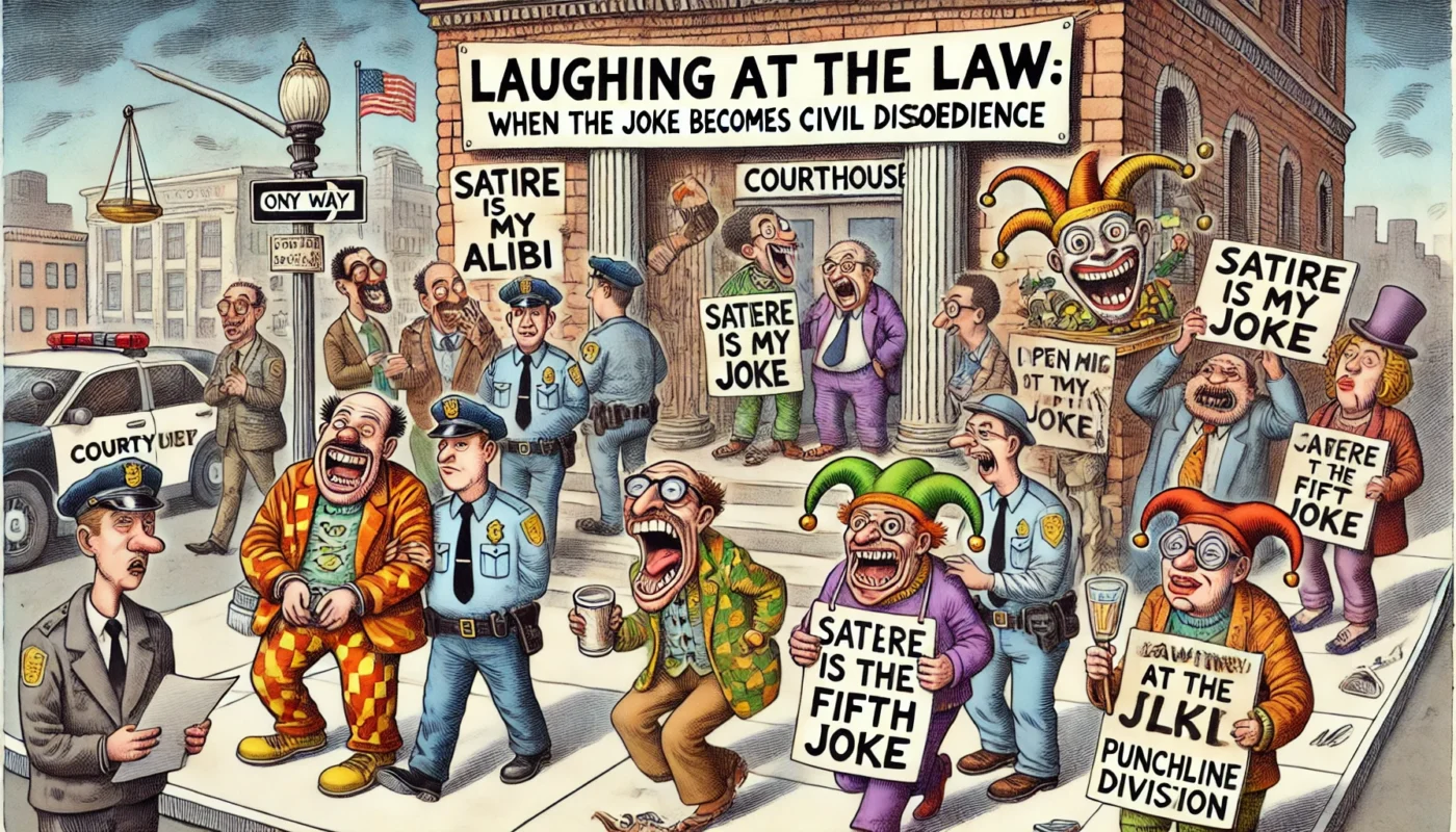 Comedy Writer - A wide-format Tina Bohiney-style cartoon illustration titled 'Laughing at the Law When the Joke Becomes Civil Disobedience'. The scene shows a chaotic s... - Alan Nafzger4