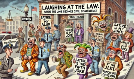 Comedy Writer - A wide-format Tina Bohiney-style cartoon illustration titled 'Laughing at the Law When the Joke Becomes Civil Disobedience'. The scene shows a chaotic s... - Alan Nafzger4