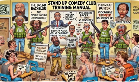 Comedy Writer - A wide-format Tina Bohiney-style cartoon illustration titled 'Standup Comedy Club Bouncer Training Manual'. The scene takes place in a classroom where co... - Alan Nafzger1