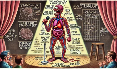 Comedy Writer - A wide-format Tina Bohiney-style cartoon illustration titled 'The Anatomy of a Standup Set'. The image shows a cartoon-style stand-up comedian standing u... - Alan Nafzger1