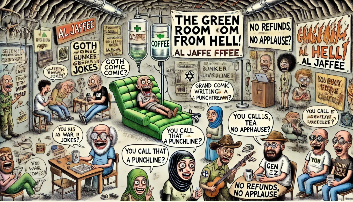 Comedy Writer - A wide-format Tina Bohiney-style cartoon illustration titled 'The Green Room from Hell'. The scene is a chaotic underground bunker green room for standup... - Alan Nafzger8