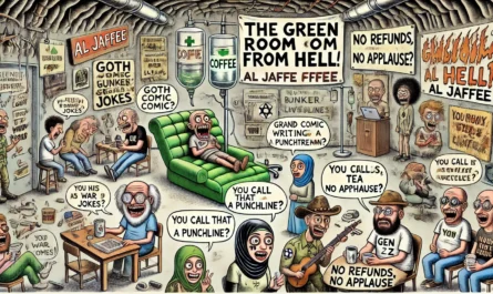 Comedy Writer - A wide-format Tina Bohiney-style cartoon illustration titled 'The Green Room from Hell'. The scene is a chaotic underground bunker green room for standup... - Alan Nafzger8