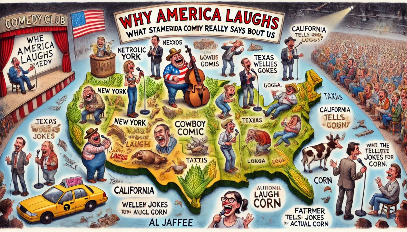 Comedy Writer - A wide-format Tina Bohiney-style cartoon illustration titled 'Why America Laughs What Stand-Up Comedy Really Says About Us'. The scene shows a giant com... - Alan Nafzger1