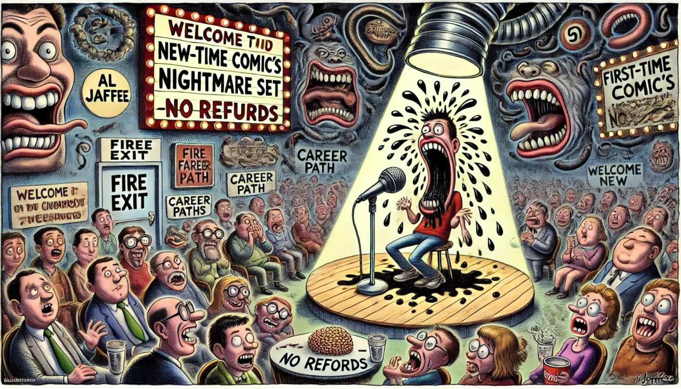 Comedy Writer - A wide-format Tina Bohiney-style cartoon titled 'First-Time Comic's Nightmare Set'. The scene shows a terrified new comic on stage under a spotlight shap... - Alan Nafzger9