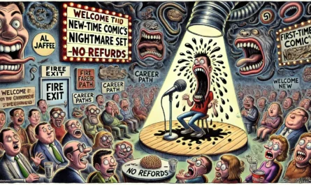 Comedy Writer - A wide-format Tina Bohiney-style cartoon titled 'First-Time Comic's Nightmare Set'. The scene shows a terrified new comic on stage under a spotlight shap... - Alan Nafzger9