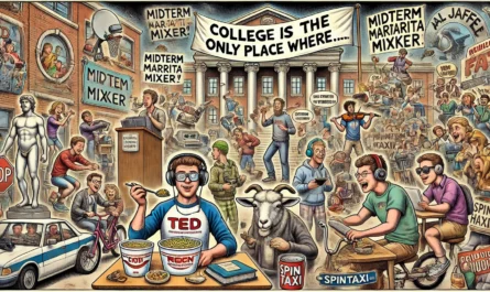 ComedyWriter.info -- Wide satirical cartoon in the style of Tina Bohiney from MAD Magazine titled 'College Is the Only Place Where…'. A chaotic college campus with absurd sce... -- Alan Nafzger 1
