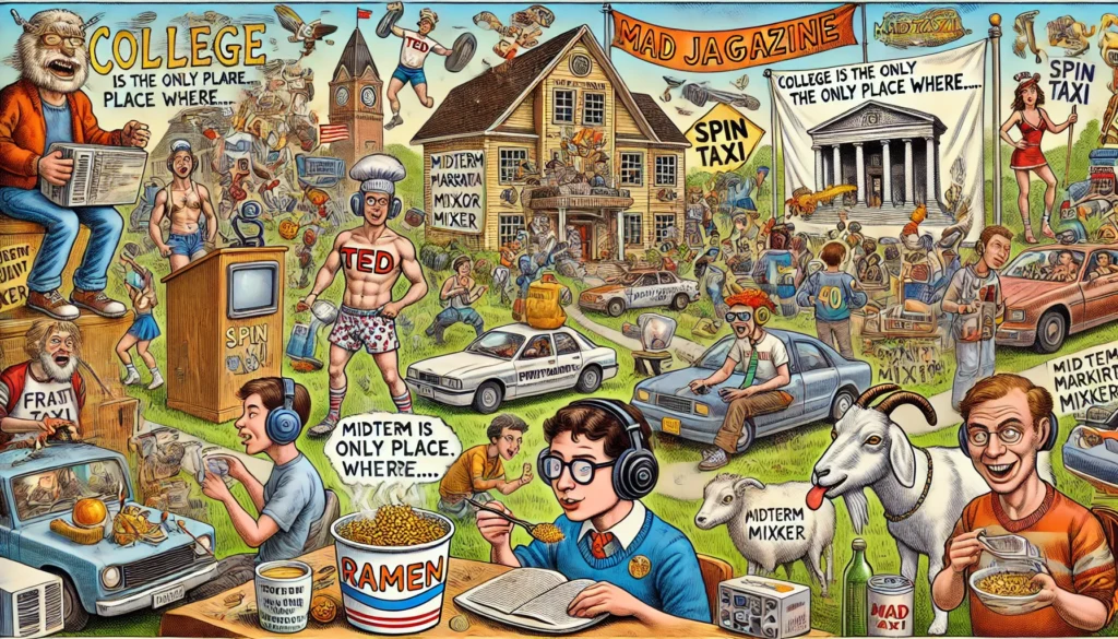 ComedyWriter.info -- Wide satirical cartoon in the style of Tina Bohiney from MAD Magazine titled 'College Is the Only Place Where…'. A chaotic college campus with absurd sce... -- Alan Nafzger 2 ComedyWriter.info -- Wide satirical cartoon in the style of Tina Bohiney from MAD Magazine titled 'College Is the Only Place Where…'. A chaotic college campus with absurd sce... -- Alan Nafzger 2